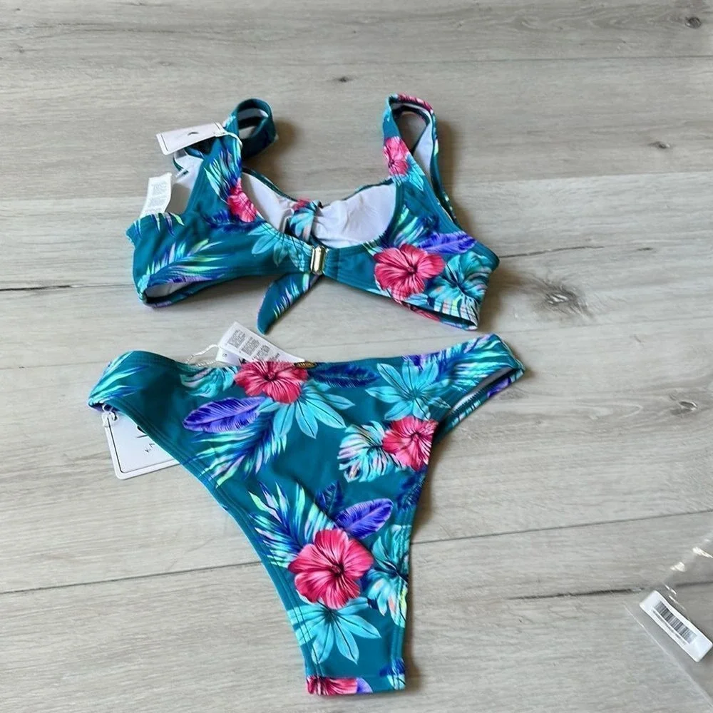 Kamoni Tropical Floral‎ Bikini Set Teal Blue Pink Small New With Tags
